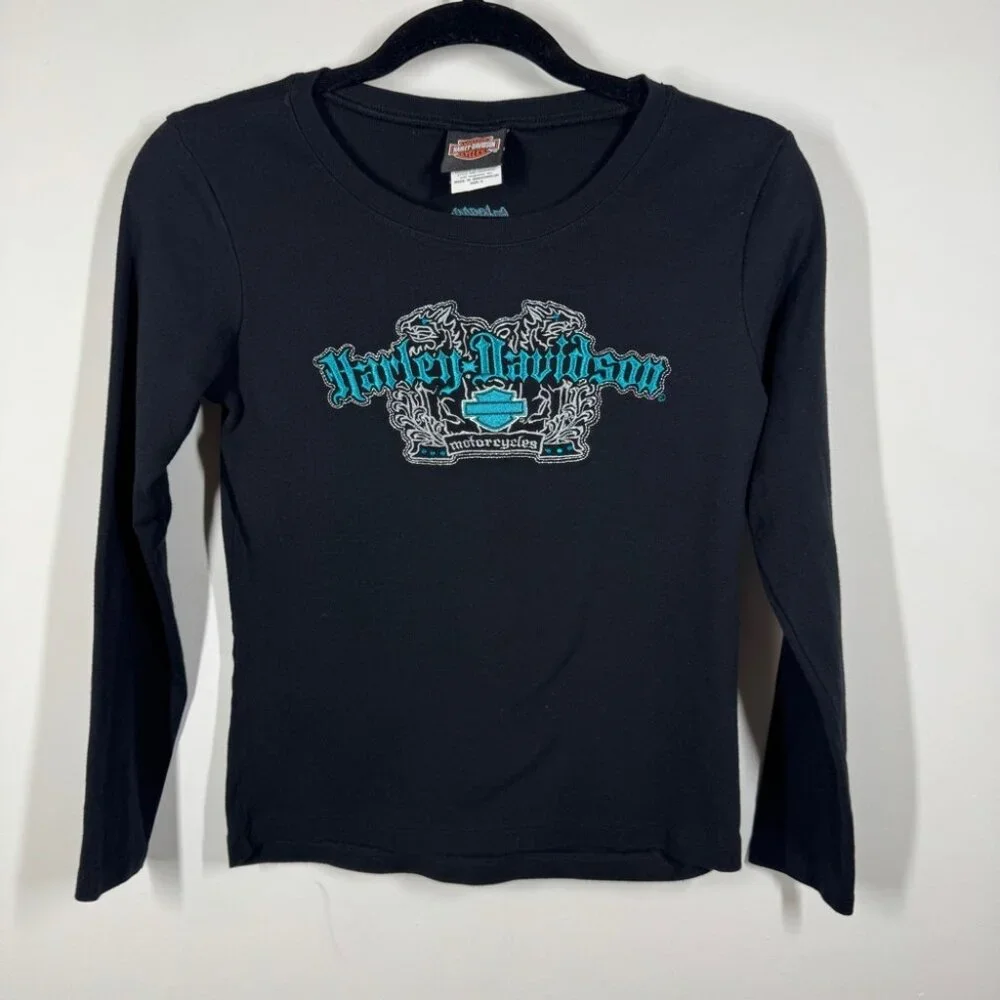 Vintage Y2K 2005 Harley Davidson Black Long Sleeve Graphic Tee Size S - Picture 2 of 15